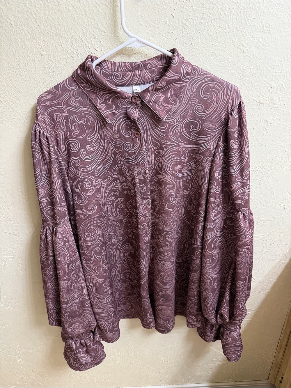 Source Unknown Dusty Mauve Paisley Long-Sleeve Polo Blouse